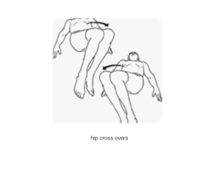 Drawing illustrating how to perform the hip crossover exercise, a human figure lying on their back, with knees bent, leaning the knees to one side and then to the other, to mobilise the hips.